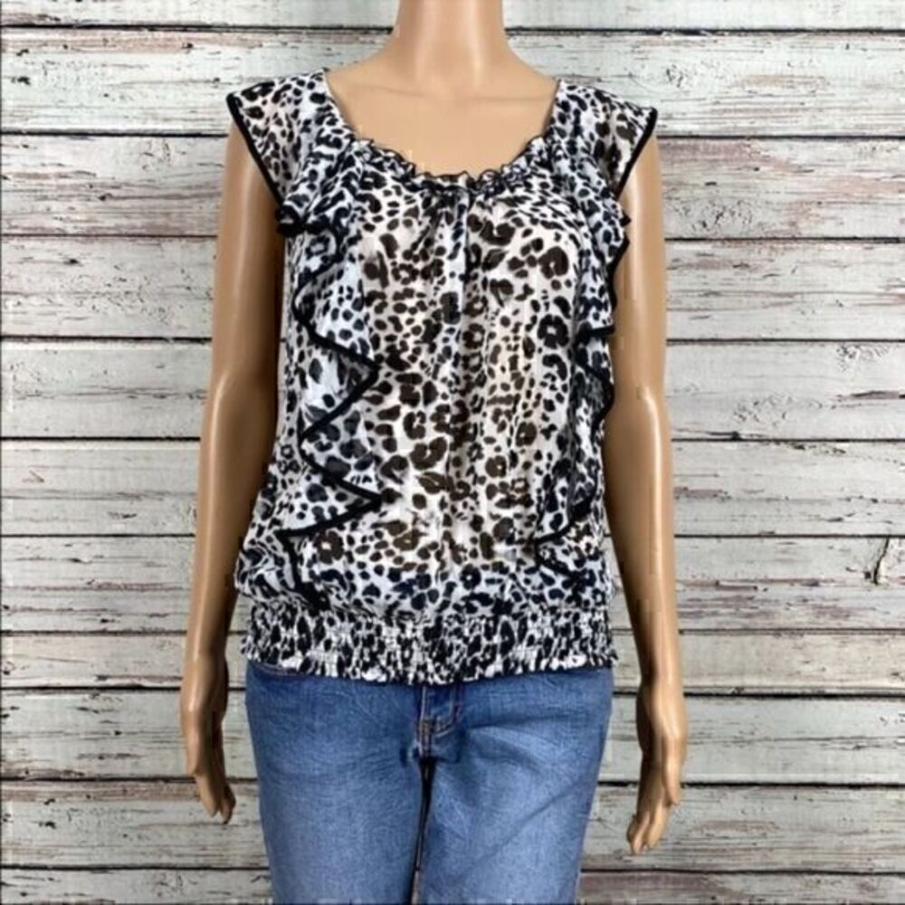 Express Womens Sleeveless Animal Print Ruffled Crewneck Blouse Size XS